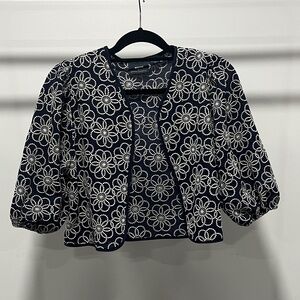 Anthropologie Maeve Navy Top with White Floral Embroidery